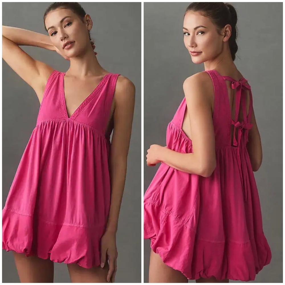 Daily Practice Anthropologie Bubble Mi Dress Hot Pink V-Neck Tie Back Mini Small